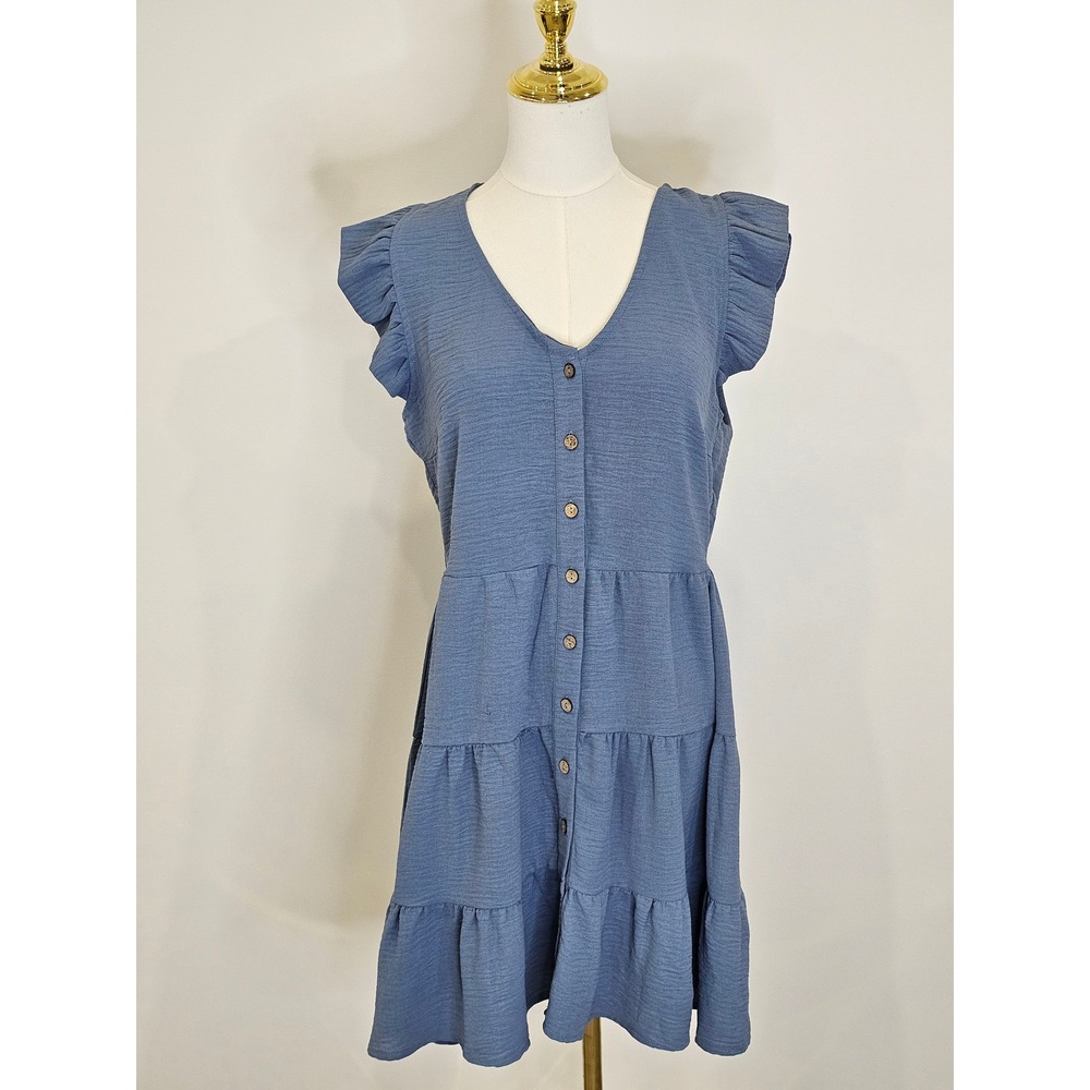 Ever After Womens Blue Tiered Ruffle Button Front Mini Dress Large L